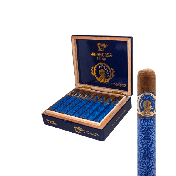 A box of Aganorsa Leaf Arsenio Robusto cigars by Aganorsa, with blue and gold labels and a Cuban-style cigar placed upright, highlights its detailed packaging and premium Nicaraguan Corojo ’99 tobacco.