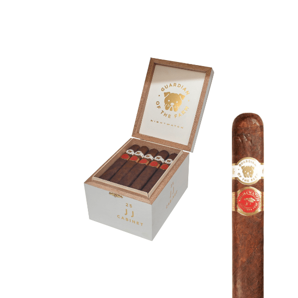 A white box labeled "Guardian of the Farm JJ Cabinet" is open to reveal Nicaraguan cigars, with one Aganorsa Leaf Guardian of the Farm Nightwatch JJ Corojo Maduro cigar by Aganorsa Leaf Cigars displayed upright next to it.
