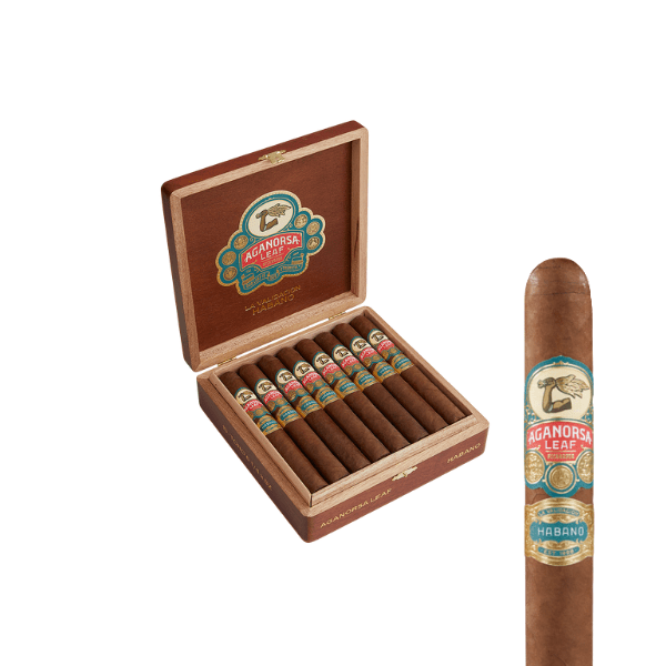 An open wooden box displays eight Aganorsa Leaf La Validacion Habano Toro cigars by Aganorsa Leaf Cigars, with a close-up of one cigar showing its detailed label beside the box.