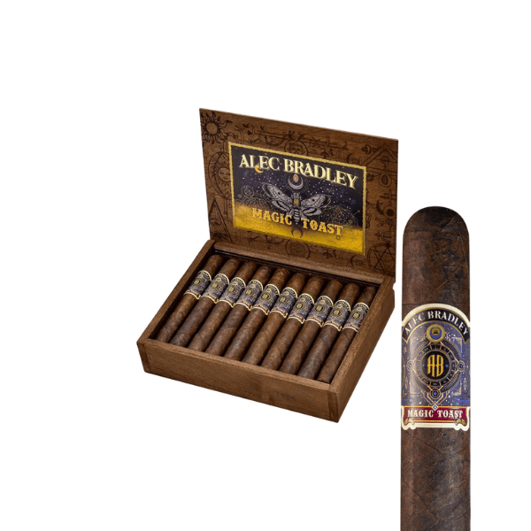 An open wooden box of Alec Bradley Cigars’ Magic Toast Toro displays several medium-to-full-bodied cigars, with one cigar close-up to show its intricate band and rich Honduran wrapper.