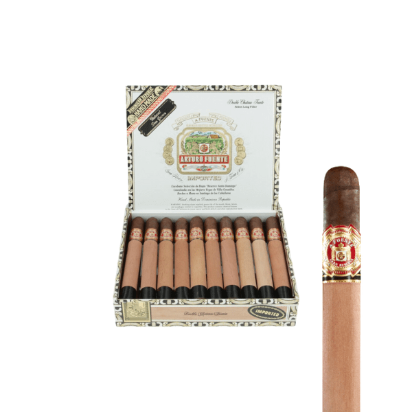 An open box of Arturo Fuente Sun Grown Double Chateau cigars reveals ten premium Dominican cigars with tan wrappers and gold, red, and white bands; a Double Chateau cigar from Arturo Fuente is shown close up on the right.
