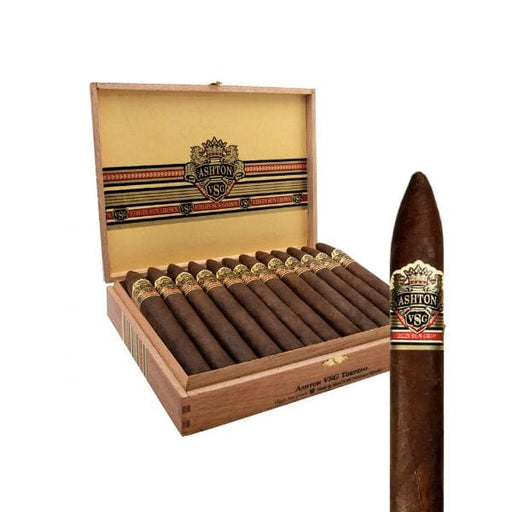 An open wooden box of Ashton VSG Torpedo cigars by Ashton, featuring full-bodied cigars with Ecuadorian Sumatra wrappers, several arranged inside and one displayed in front.