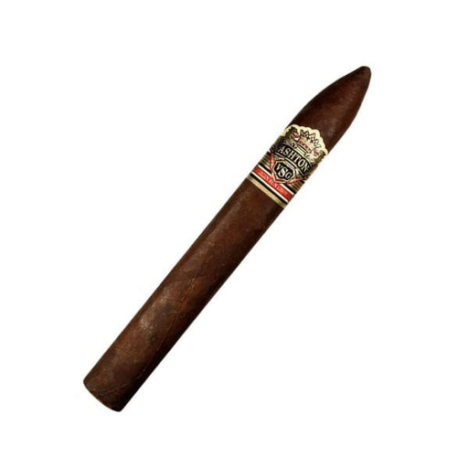 A single Ashton VSG Torpedo cigar by Ashton, featuring a pointed tip and decorative band, is shown against a white background.
