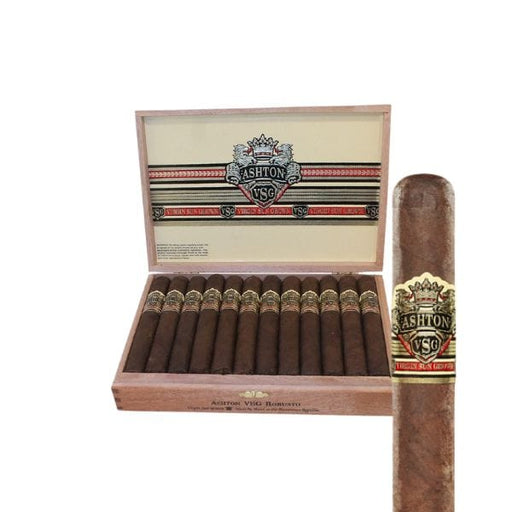 An open wooden box of Ashton VSG Robusto by Ashton reveals full-bodied cigars with elegant bands; one cigar, highlighting its dark Ecuadorian Sumatra wrapper, is shown close up in front.