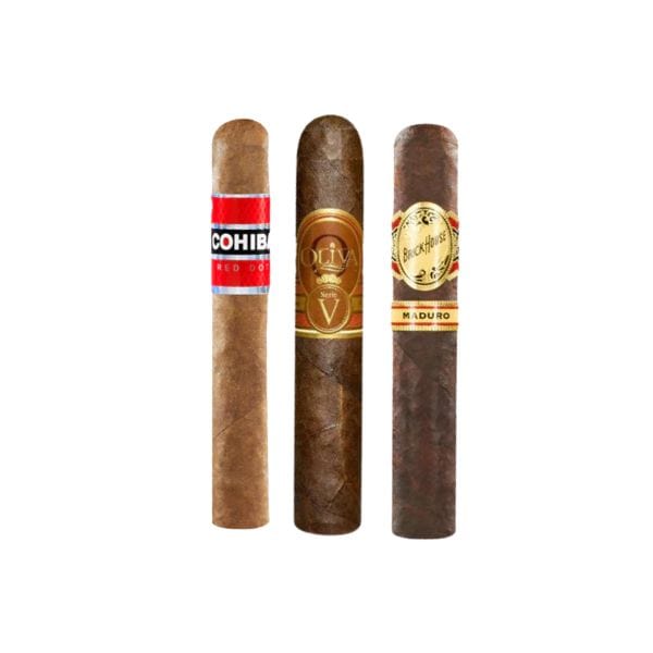 Three Robusto cigars from the After Action Cigars Bold Beginnings Sampler stand upright side by side on a white background, offering an enticing selection for fans of bold cigars.