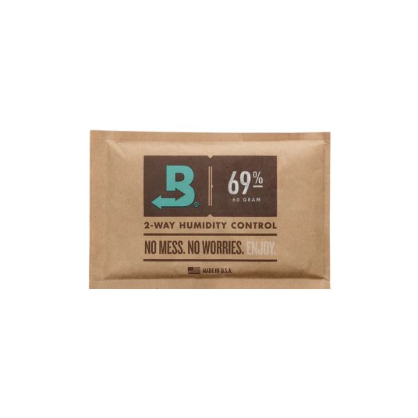 The Boveda 69% Humidity Control Pack - Single (60g) from Boveda Humidity Control Packs keeps your cigars fresh in your humidor, featuring a brown packet labeled "2-way humidity control" with the Boveda logo.