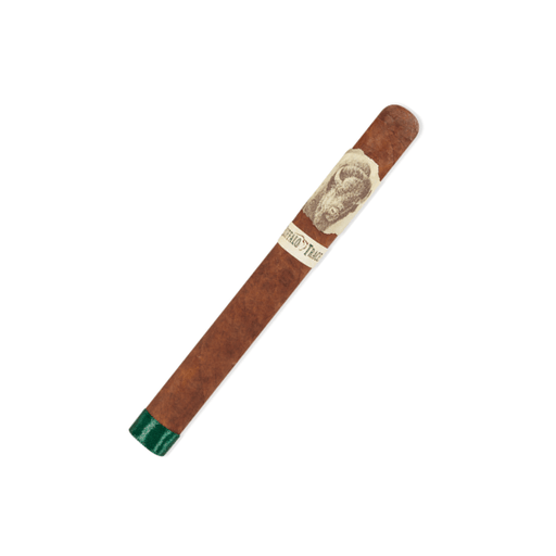 A single Buffalo Trace Churchill cigar by Buffalo Trace, featuring a brown wrapper, green band on one end, and a sepia portrait label near the other, is displayed against a white background to highlight this handcrafted premium cigar.