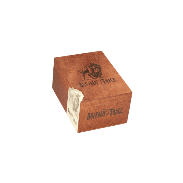 A rectangular wooden Buffalo Trace box with the logo and buffalo graphic on the lid and side—perfect for storing cigars or celebrating with a Buffalo Trace Robusto and bourbon.
