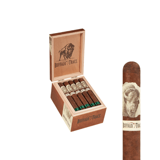 Open wooden box of Buffalo Trace Robusto cigars, featuring five premium hand-rolled cigars. Close-up shows the cigar band with buffalo illustration and Buffalo Trace branding, inspired by the legendary Kentucky bourbon.