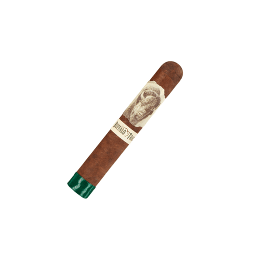 A Buffalo Trace Robusto cigar from Buffalo Trace, featuring a band with an animal illustration and green foil on one end, is shown on a white background.
