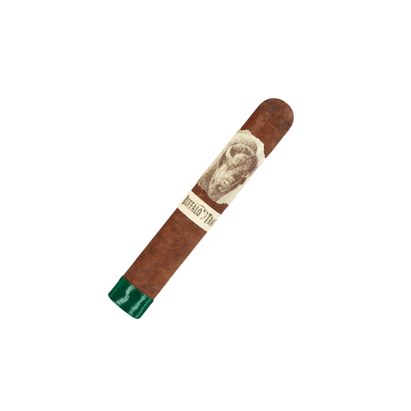 A Buffalo Trace Robusto cigar from Buffalo Trace, featuring a band with an animal illustration and green foil on one end, is shown on a white background.