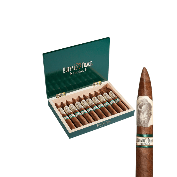 A green box labeled "Buffalo Trace Special F" by Buffalo Trace Cigars features barrel-aged cigars with buffalo imagery; a close-up of one cigar in the foreground highlights its appeal for a premium bourbon pairing.