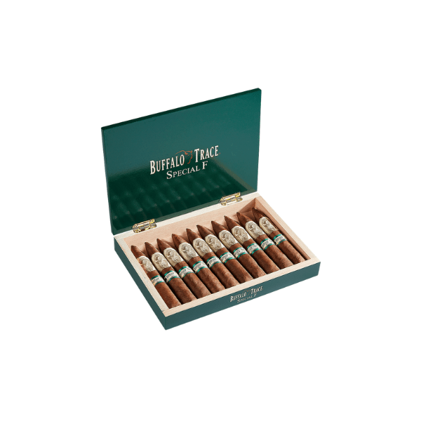 An open green box labeled "Buffalo Trace Special F" by Buffalo Trace Cigars displays ten brown cigars—crafted with select barrel-aged tobacco for a rich flavor, making it the perfect bourbon pairing and a memorable experience.