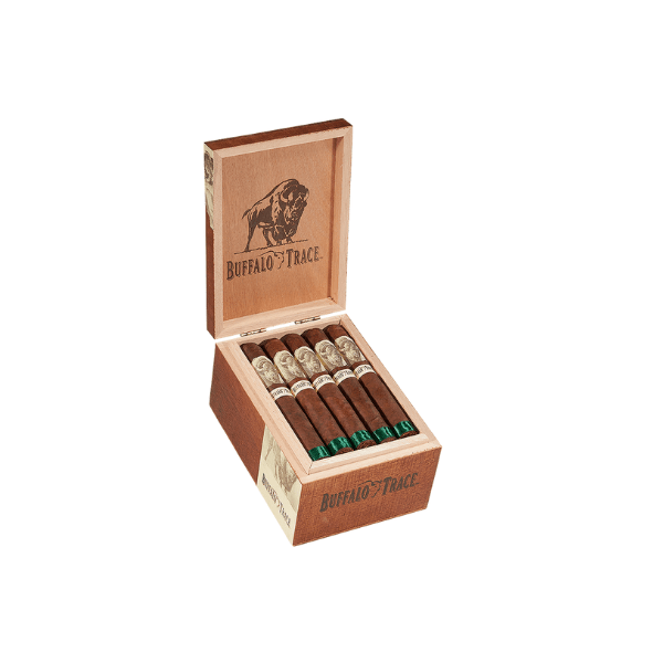 An open wooden box displays five premium Buffalo Trace Robusto cigars. Both the box and cigars feature the Buffalo Trace logo, celebrating the brand’s rich character and Kentucky bourbon heritage.