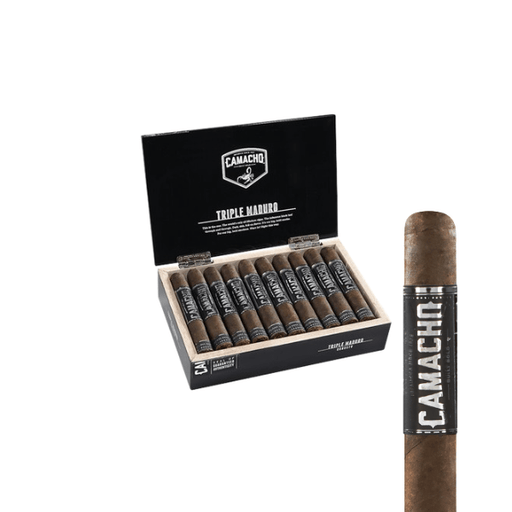 An open box of Camacho Triple Maduro Robusto cigars by Camacho shows several full-bodied cigars, with one rich Maduro-wrapped cigar standing upright beside the box.
