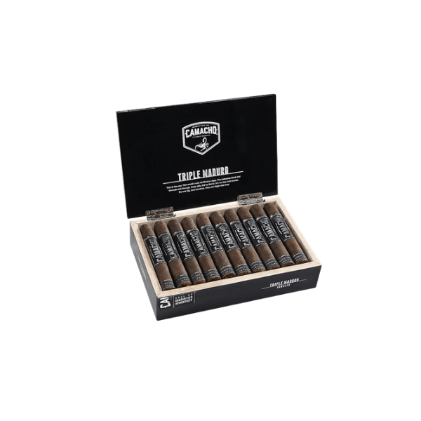 An open box of Camacho Triple Maduro Robusto by Camacho displays ten full-bodied cigars with dark Maduro wrappers, neatly arranged inside. The lid features the Camacho brand name and logo.