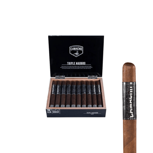 An open box of Camacho Triple Maduro Toro by Camacho displays ten full-bodied cigars with black and silver bands, plus one Toro cigar shown separately on the right.