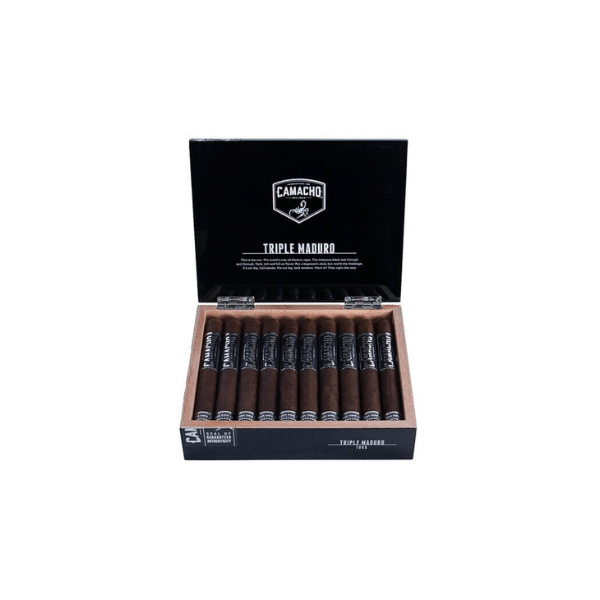 An open box of Camacho Triple Maduro Toro cigars displays full-bodied smokes with dark wrappers and black-and-white bands, neatly arranged in a sleek, branded Camacho black box.
