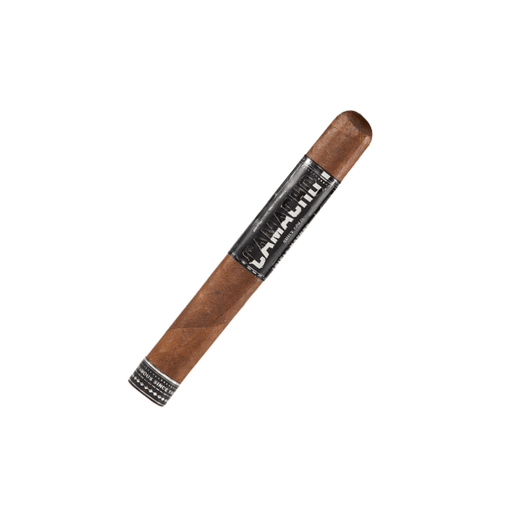 A single Camacho Triple Maduro Toro cigar with a black and silver band, wrapped in clear plastic, is shown against a white background.