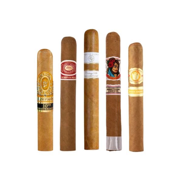 The After Action Cigars Connecticut Calling Sampler features five mellow cigars with unique colored bands, displayed upright on a white background—an ideal Connecticut cigar sampler.