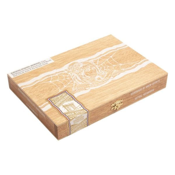 A closed wooden cigar box with embossed white artwork, gold clasp, and “Handmade in Dominican Republic” label on the front—ideal for storing your Deadwood Tobacco Deadwood Dominicana Robusto cigar.