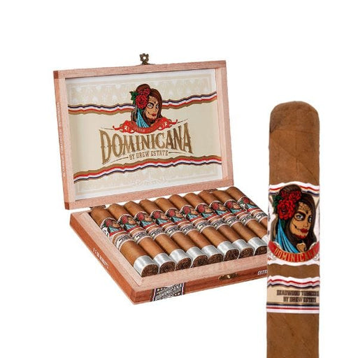 An open wooden box of Deadwood Tobacco's Deadwood Dominicana Robusto cigars, featuring a close-up of a single cigar with a decorative band and label.