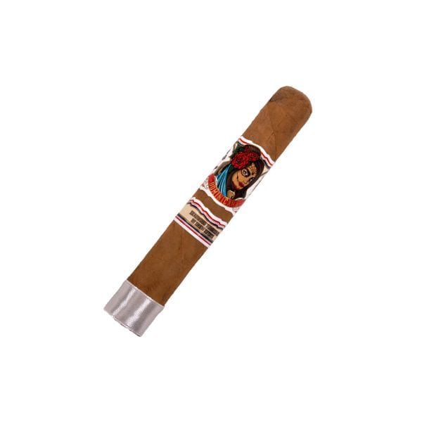 A single Deadwood Dominicana Robusto by Deadwood Tobacco, featuring a decorative band with a woman's portrait and a silver-tipped end, this Connecticut Shade cigar is expertly crafted.