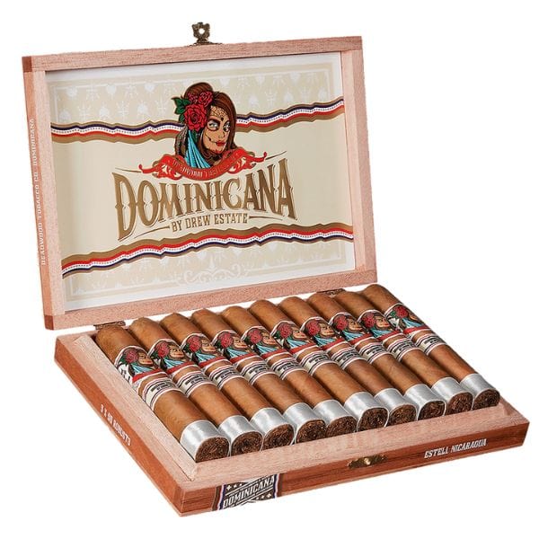 An open wooden box of Deadwood Tobacco’s Deadwood Dominicana Robusto cigars displays rows with decorative bands and a detailed lid label—ideal for fans of rich blends similar to Connecticut Shade cigars.