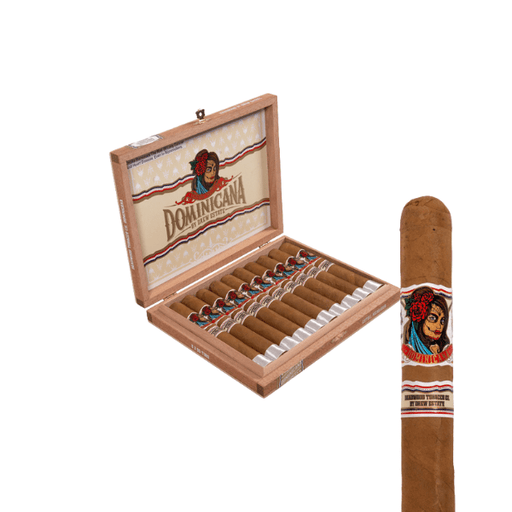 An open box of Deadwood Tobacco's Deadwood Dominicana Toro cigars sits beside a close-up of a medium-bodied cigar, showcasing its decorative band adorned with a woman's illustration.