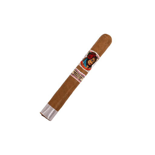 A single Deadwood Tobacco Deadwood Dominicana Toro medium-bodied cigar, featuring a decorative band with an illustrated woman's face and a silver foot band, is displayed on a white background.