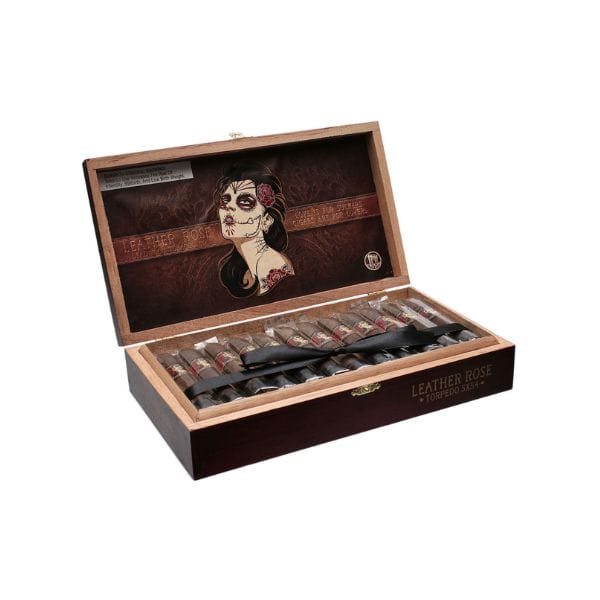 An open wooden box of Deadwood Tobacco’s Deadwood Leather Rose Torpedo cigars, featuring an illustrated woman with face paint on the inside lid and rich Brazilian Maduro cigars arranged in two rows.