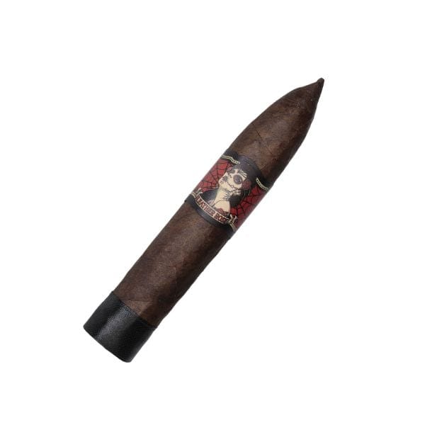A single Deadwood Leather Rose Torpedo cigar by Deadwood Tobacco, dark brown with a pointed tip and an illustrated character band, rests on a white background.