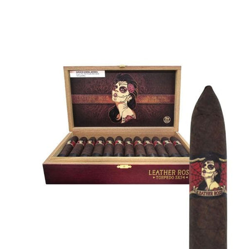 An open box of Deadwood Tobacco's Deadwood Leather Rose Torpedo cigars features a stylized woman with roses on the box and band, highlighting these bold Brazilian Maduro cigars.
