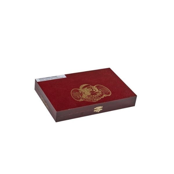 A closed, rectangular red and gold box with an ornate design and clasp, reminiscent of the Deadwood Fat Bottom Betty Robusto by Deadwood Tobacco Cigars, is shown against a plain white background.