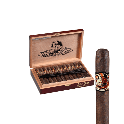 An open Deadwood Tobacco box labeled "Sweet Jane" displays Deadwood Sweet Jane Corona cigars; a close-up shows a detailed band with a woman's face and floral design on one cigar.