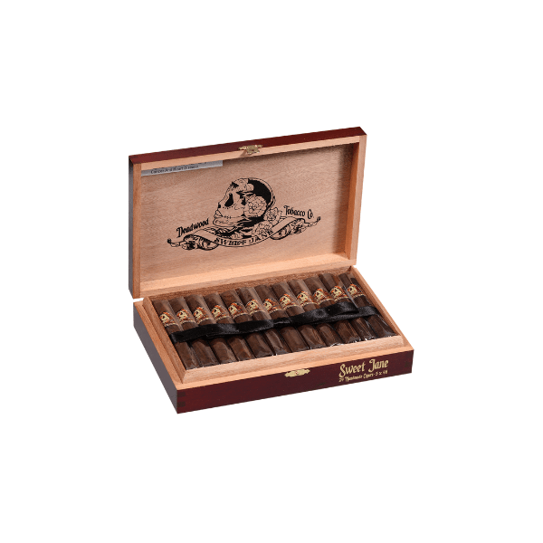 An open wooden box displays Deadwood Sweet Jane Corona cigars by Deadwood Tobacco, arranged in a neat row with prominent "Sweet Jane" branding, highlighting these infused Nicaraguan cigars.