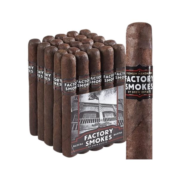Factory Smokes by Drew Estate Maduro Toro offers affordable Maduro cigars with dark brown wrappers and stylish black, white, and silver labels from the renowned Drew Estate brand.