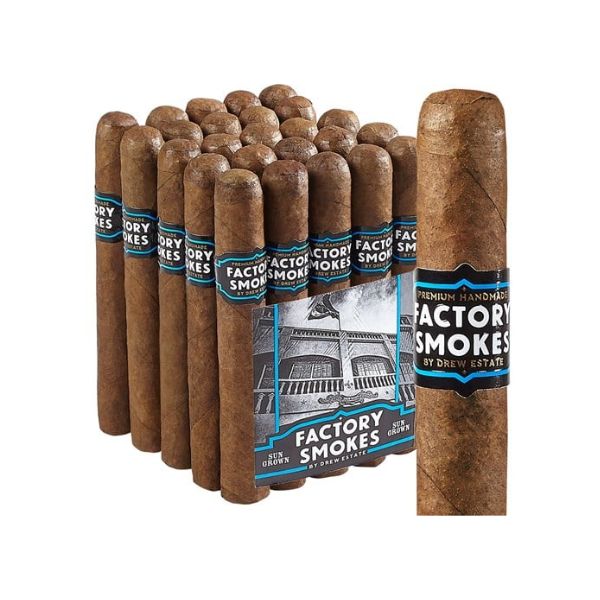 A budget-friendly bundle of Factory Smokes by Drew Estate Sun Grown Toro cigars, dressed in brown wrappers and branded bands with a black-and-white building illustration.