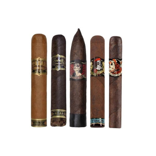 The Drew Estate Sweet & Spicy Sampler by After Action Cigars features five assorted cigars in different shapes, sizes, and wrappers, each with a unique label, all displayed upright against a white background.