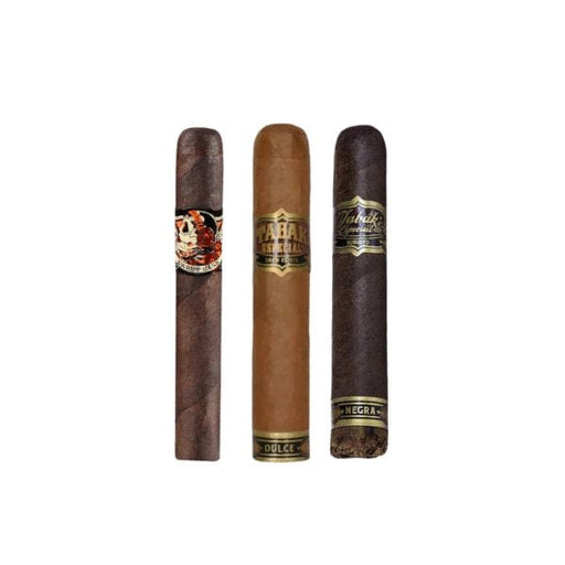 The Drew Estate Flavor Bomb Sampler by After Action Cigars features three upright cigars, including a Tabak Especial and Deadwood Sweet Jane, each with distinct wrappers and bands—a great pick for fans of unique infused cigars.