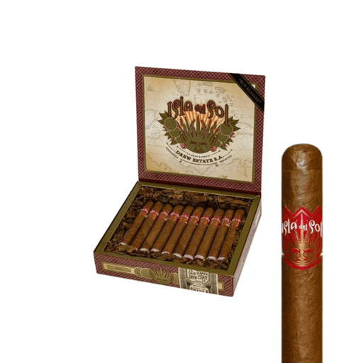 An open box of Drew Estate Isla Del Sol Toro cigars displays several coffee-infused cigars inside, with one upright cigar placed beside the box.
