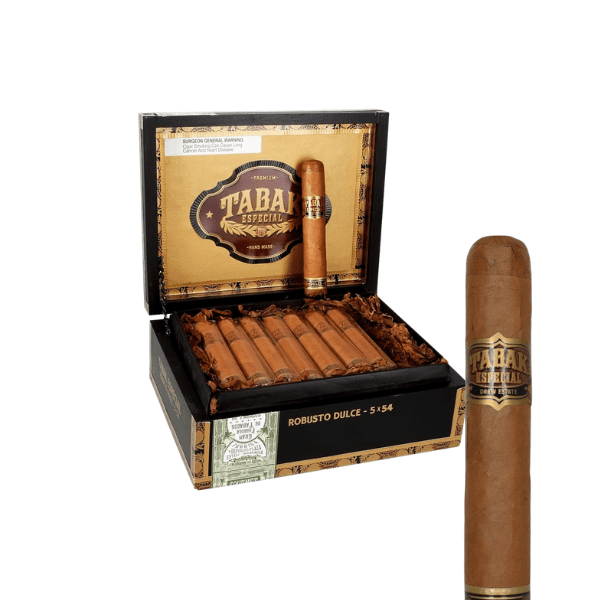 An open box of Drew Estate Tabak Especial Robusto Dulce cigars, with one upright and another beside it, highlights the signature label and packaging from Drew Estate.