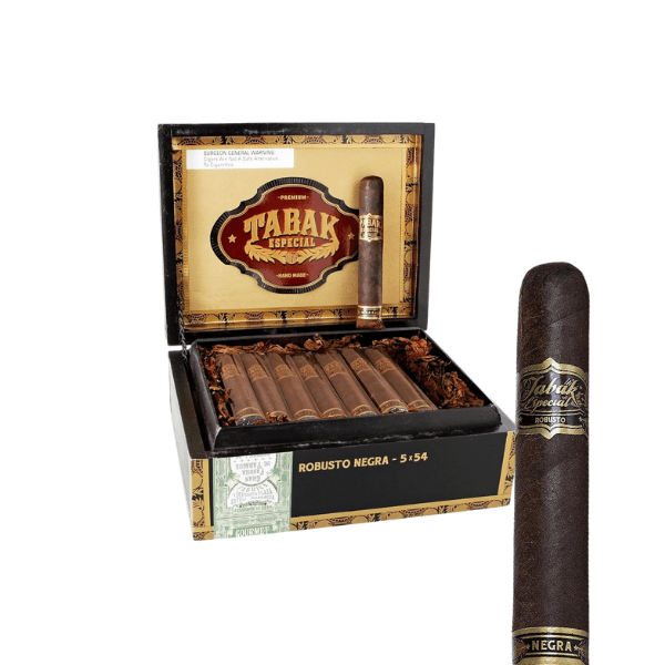 An open box of Drew Estate Tabak Especial Robusto Negra cigars from Drew Estate is shown, with one infused cigar in front, featuring its rich Maduro wrapper and distinctive label.
