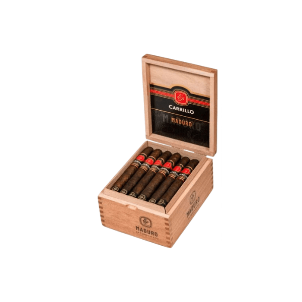 An open wooden box of EP Carrillo Essence Maduro Toro by EP Carrillo Cigars displays expertly crafted cigars with red, gold, and black bands—featuring a San Andres Maduro wrapper and Nicaraguan long-fillers.