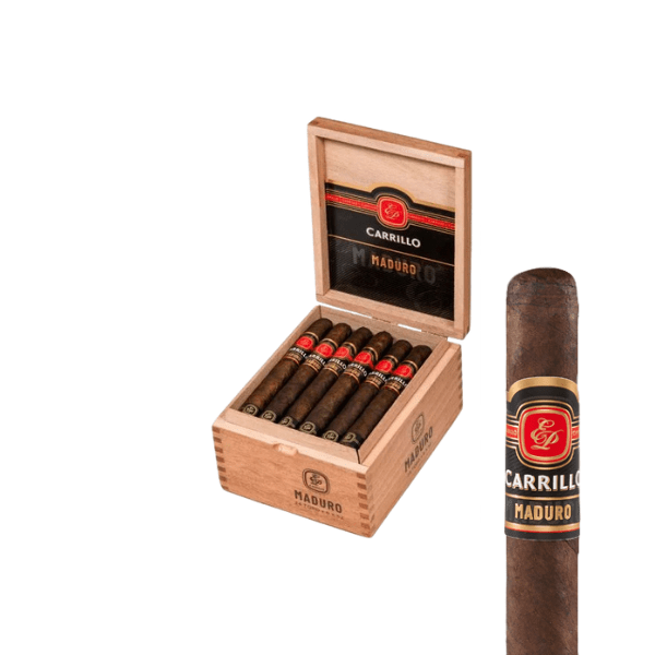 A wooden box labeled “EP Carrillo Essence Maduro Toro” by EP Carrillo Cigars holds six cigars, with one shown close-up featuring the same label and a rich San Andres Maduro wrapper.