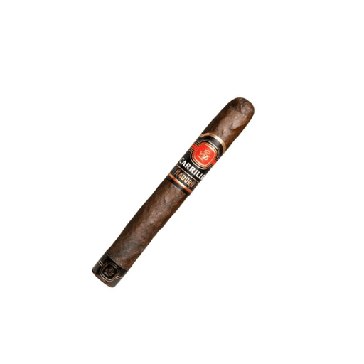 A single dark brown EP Carrillo Essence Maduro Toro cigar from EP Carrillo Cigars, with a red and black band, featuring a rich San Andres Maduro wrapper over Nicaraguan long-fillers, is displayed on a plain white background.