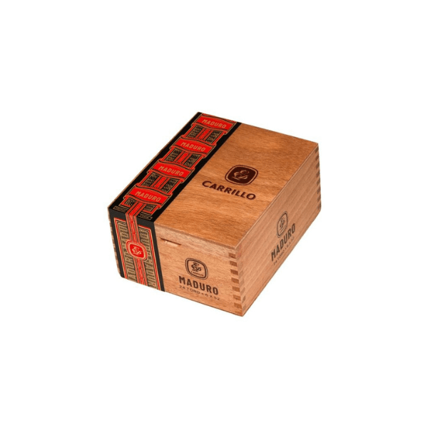 A closed wooden box labeled "EP Carrillo" and "Maduro," with a red and black band, contains EP Carrillo Essence Maduro Toro cigars by EP Carrillo Cigars, crafted with Nicaraguan long-fillers and a San Andres Maduro wrapper.