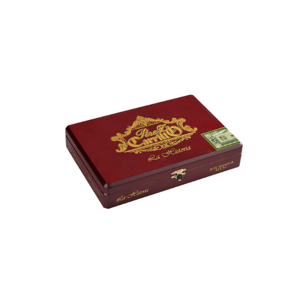A closed red cigar box with gold lettering reading “Pura Caridad La Historia,” a green seal in the top right, featuring the EP Carrillo La Historia El Senador (Box Pressed) cigar by EP Carrillo.