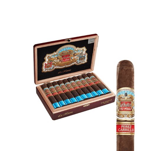 An open box of EP Carrillo La Historia El Senador (Box Pressed) cigars displays ten Robusto cigars with ornate labels. One cigar, shown in close-up, features a red and gold "Perez Carrillo" band. Brand: EP Carrillo.