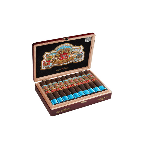An open wooden box displays twelve EP Carrillo La Historia El Senador (Box Pressed) cigars, each a robusto with a colorful band and an ornate label inside the lid.